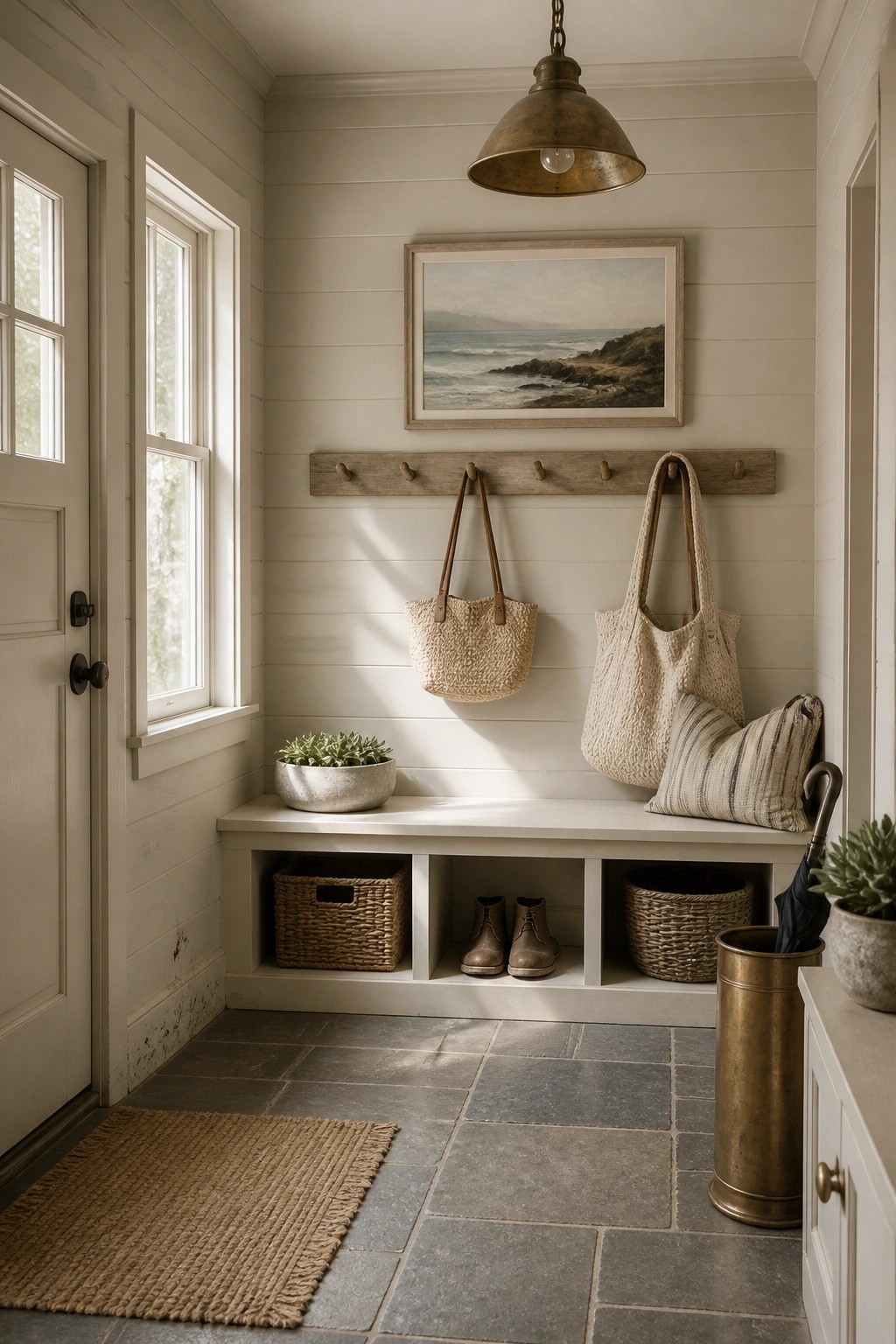 A small entryway with soft warm white walls, a built-in bench, and storage cubbies below.