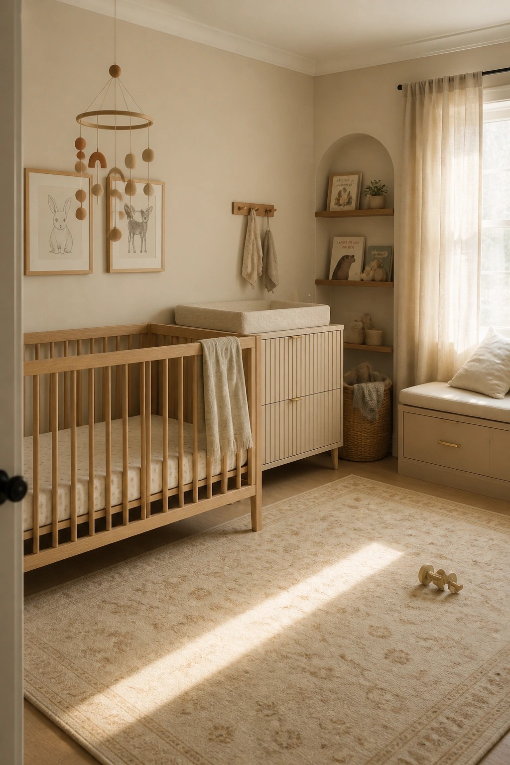 Nursery with walls painted in a soft warm beige.
