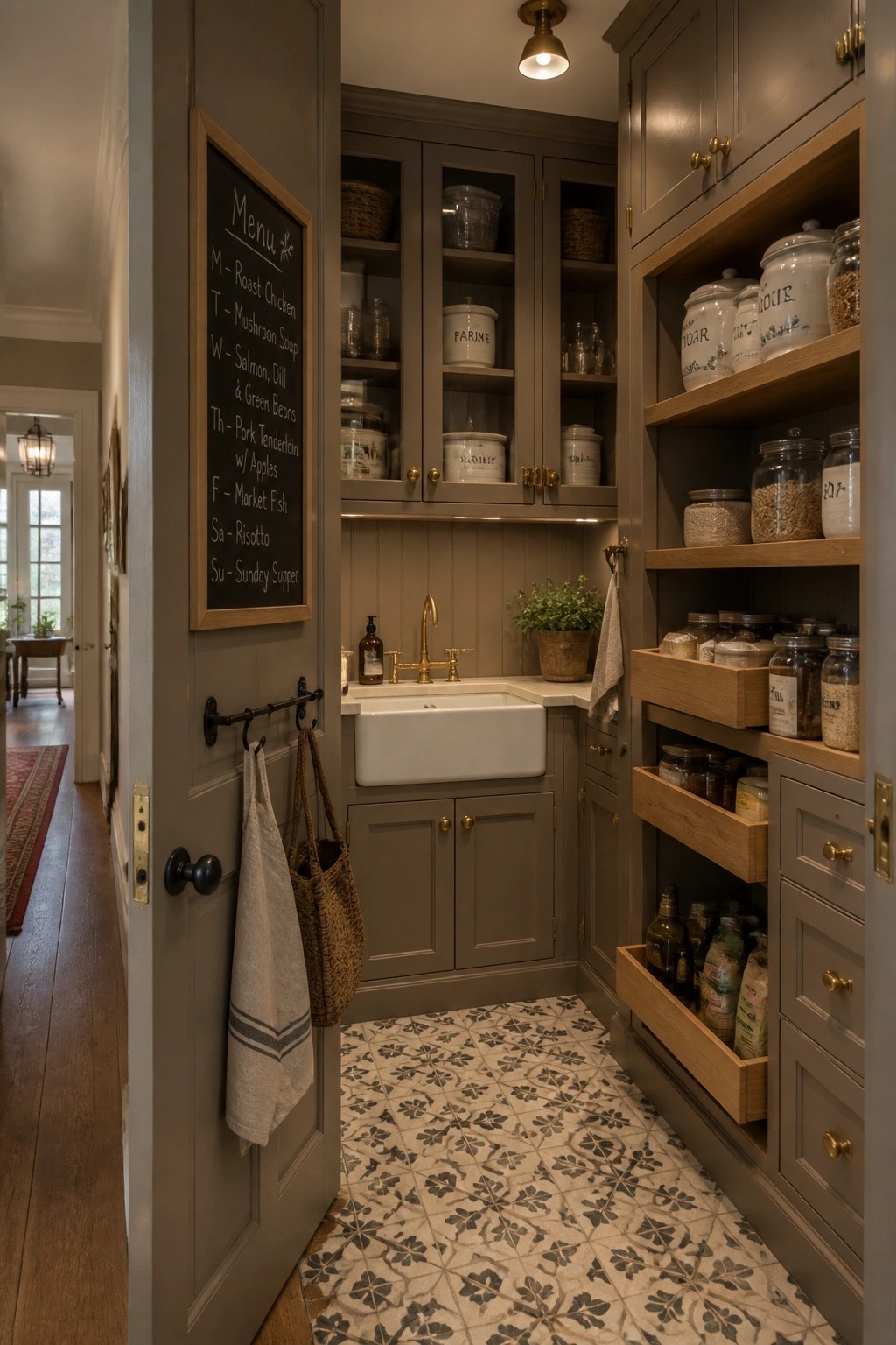 Warm gray cabinets in a narrow pantry with open wood shelves and a white farmhouse sink.