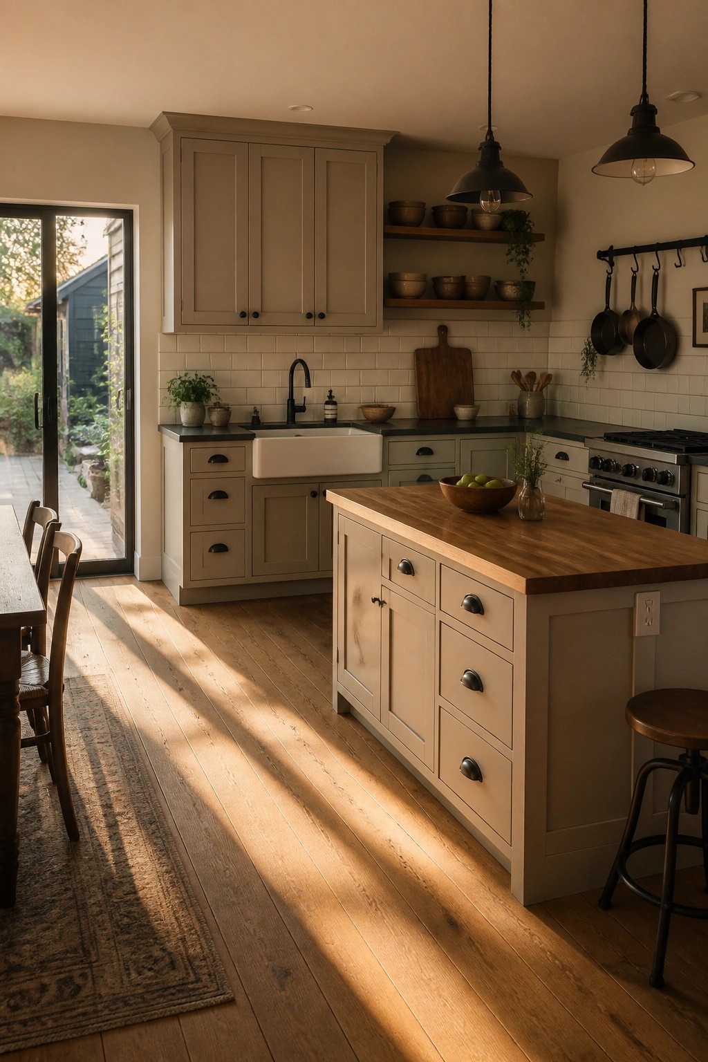 Kitchen cabinets painted in a warm greige neutral.