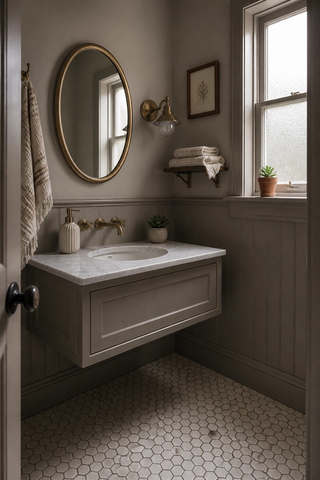 A bathroom with soft greige walls and a matching floating vanity.