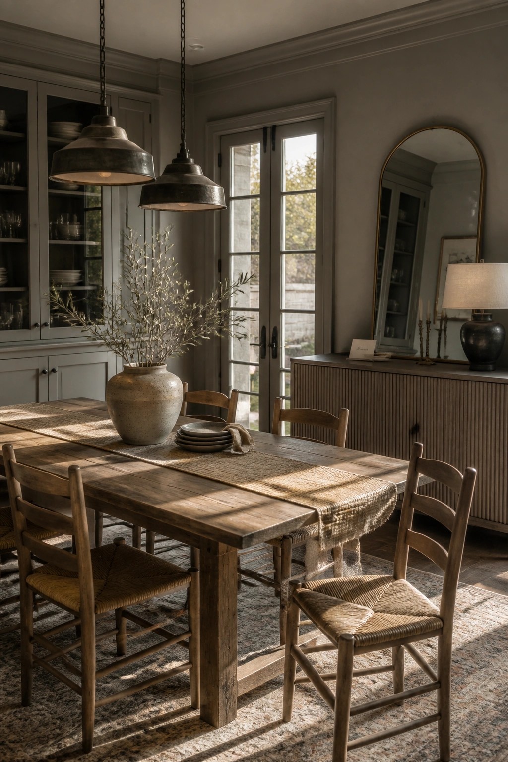 A dining room with warm greige walls and a rustic wooden table.