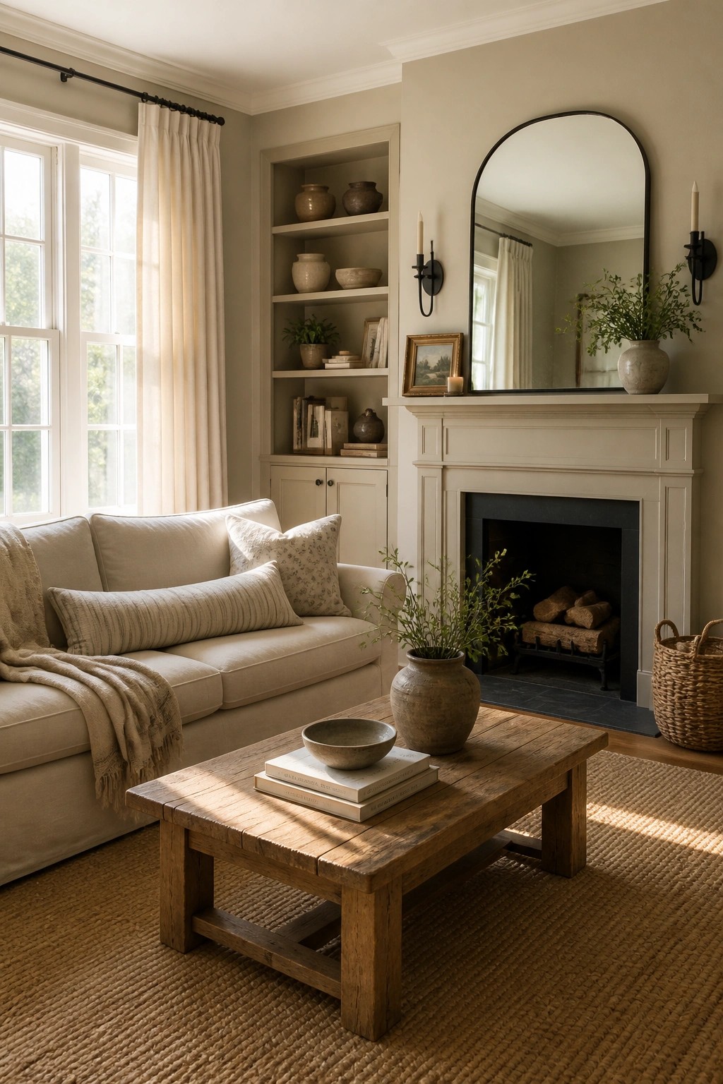 A living room with soft warm greige walls and built-in shelves around a fireplace.