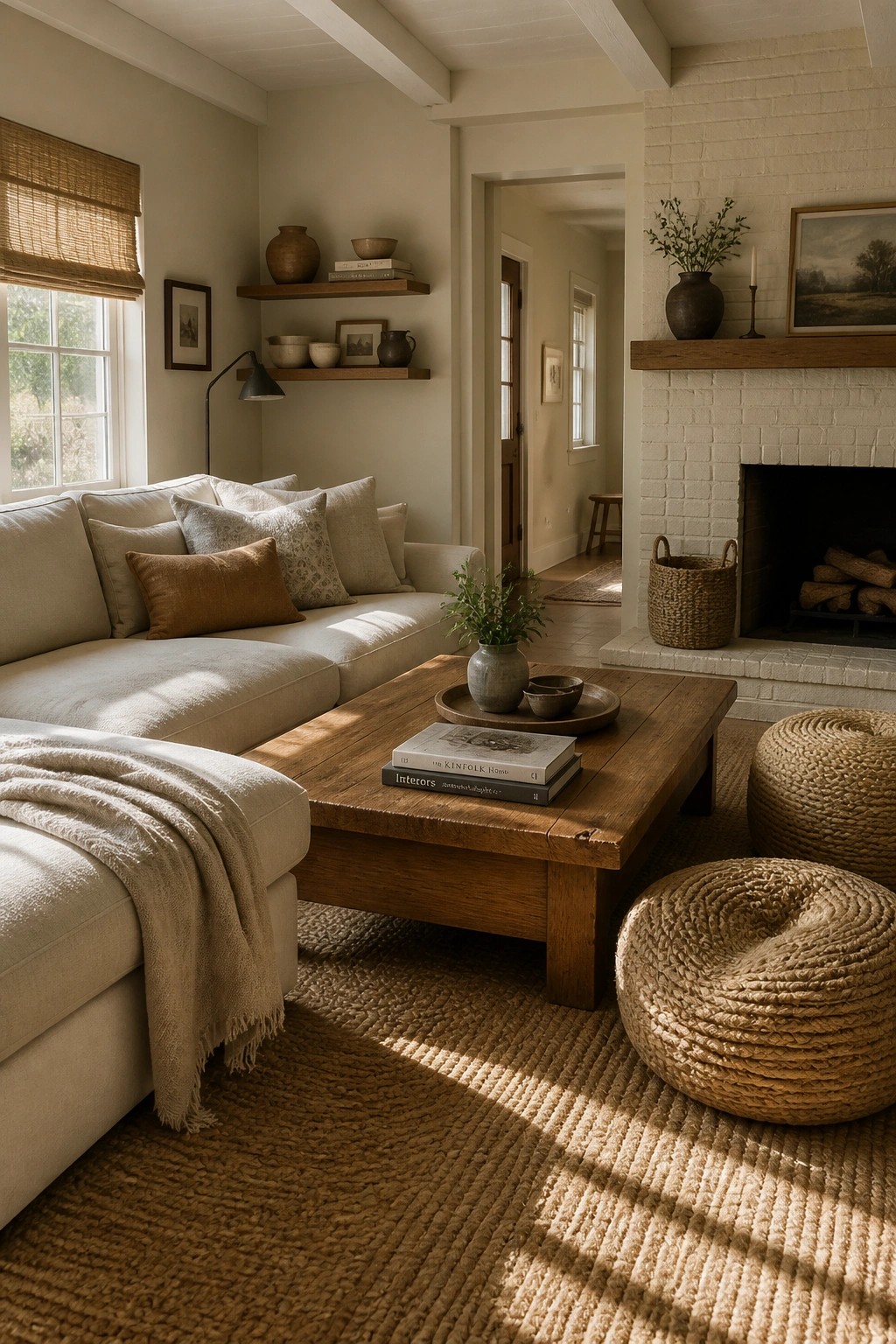 Living room with warm off-white walls and wood furniture.