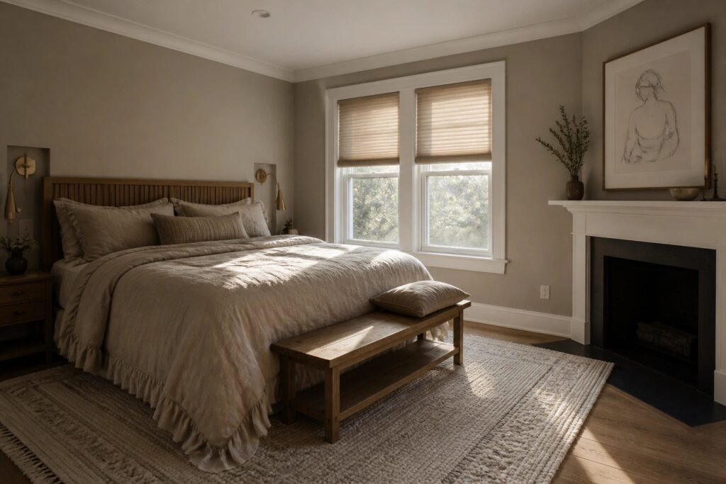 Neutral bedroom with rumpled beige bedding, wooden bench, fireplace, and sunlit rug