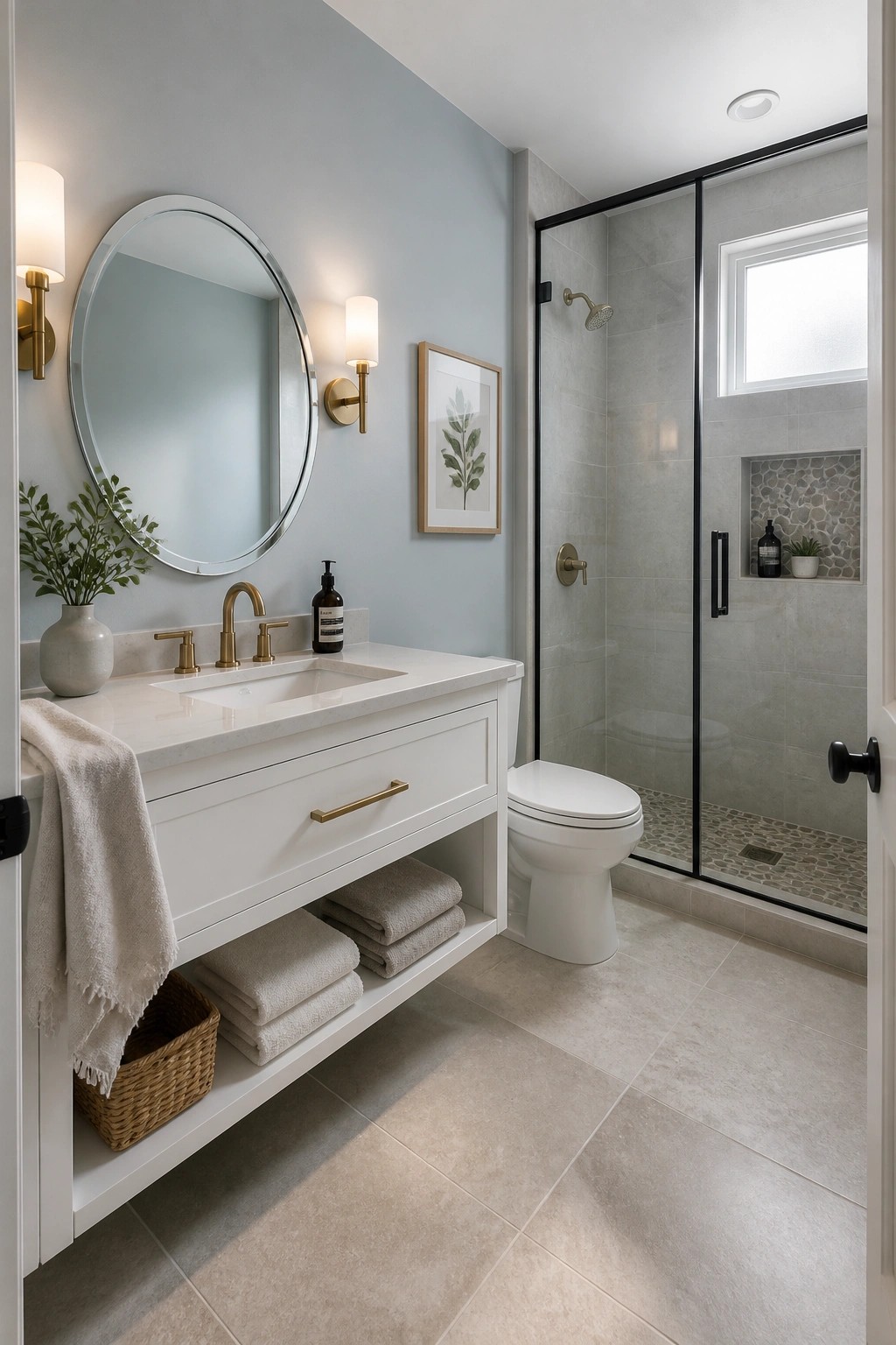 Modern bathroom with white vanity, round mirror, gold fixtures, and glass shower.
