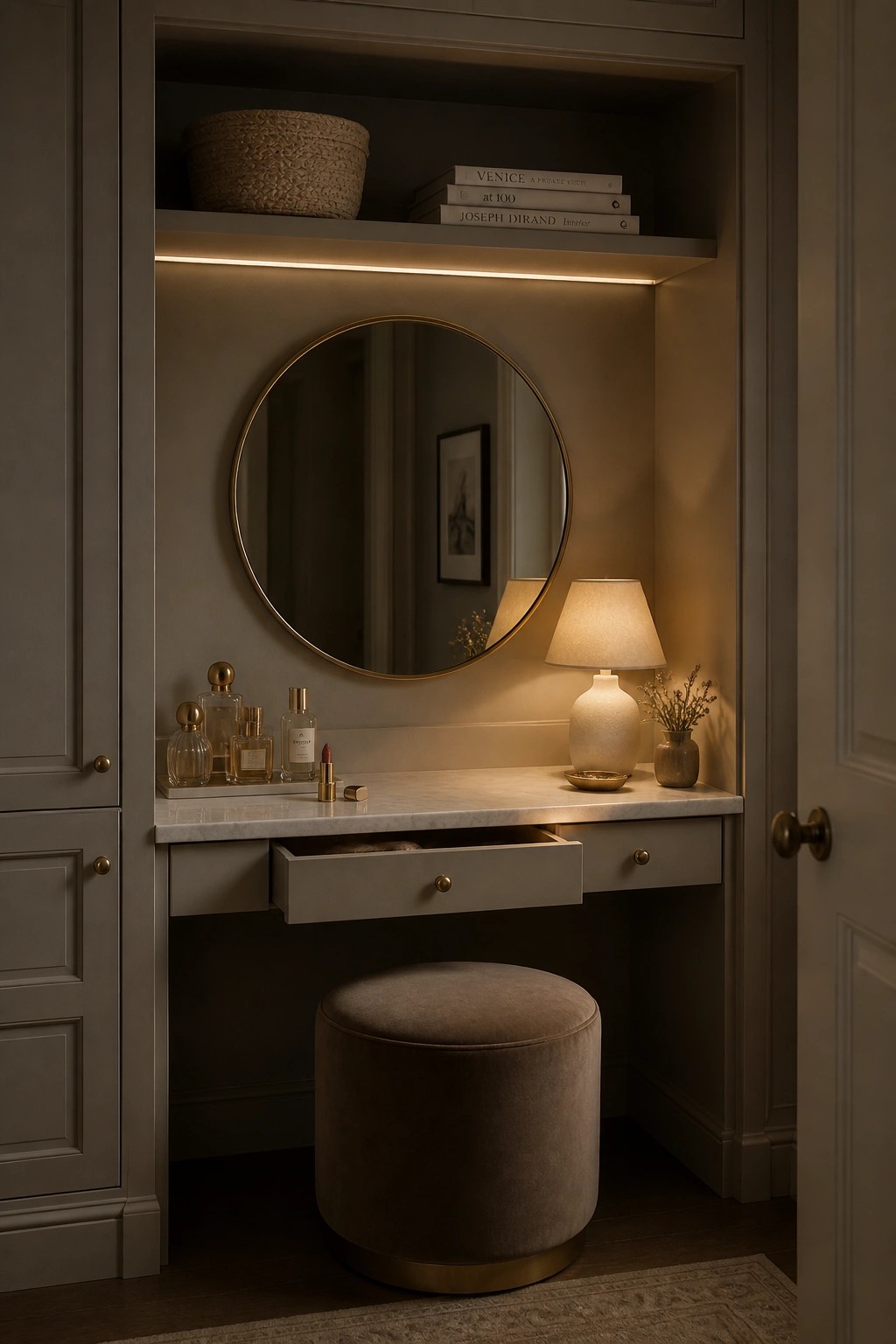 Built-in vanity painted in soft greige with a round mirror above it.