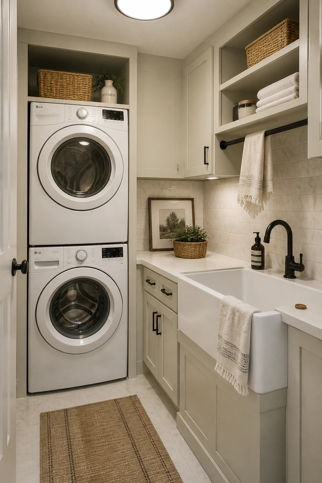 Soft greige cabinets and walls in a laundry room with a utility sink.