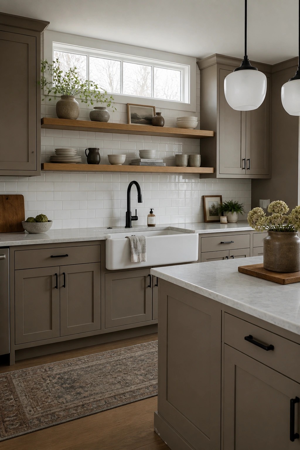 Kitchen cabinets finished in a soft greige paint with white subway tile behind the sink.