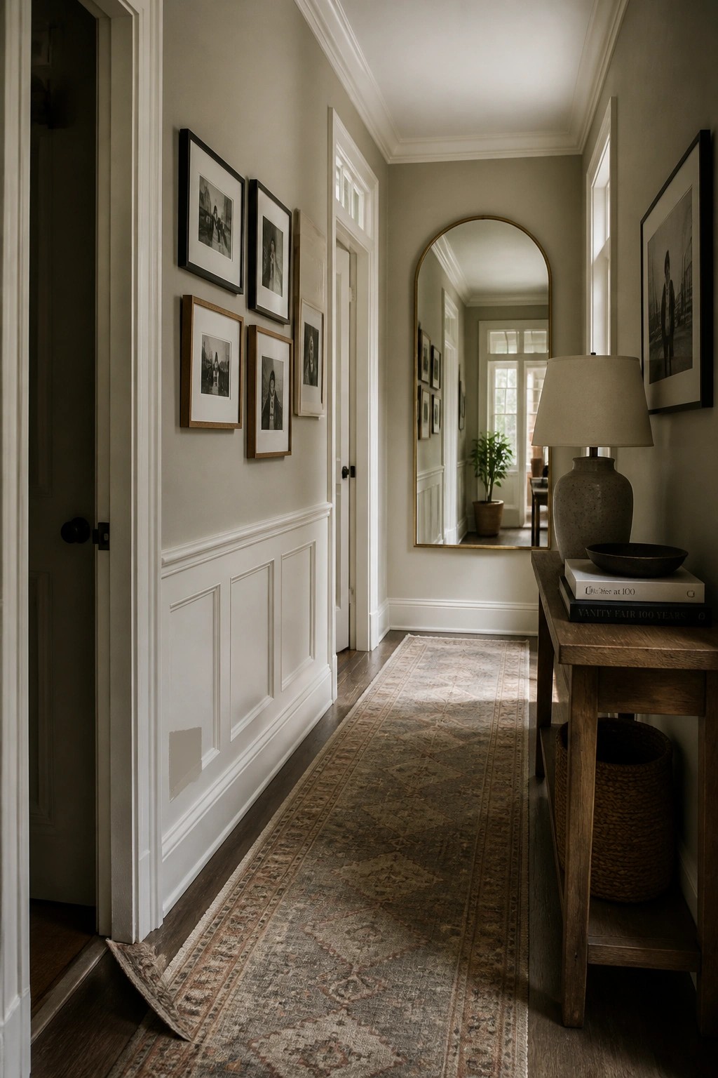 A hallway with soft greige walls, white wainscoting, and dark wood floors.