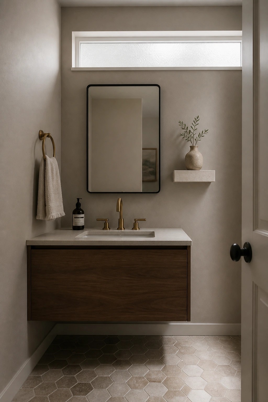 Bathroom walls painted in a soft warm greige with a wood vanity below.