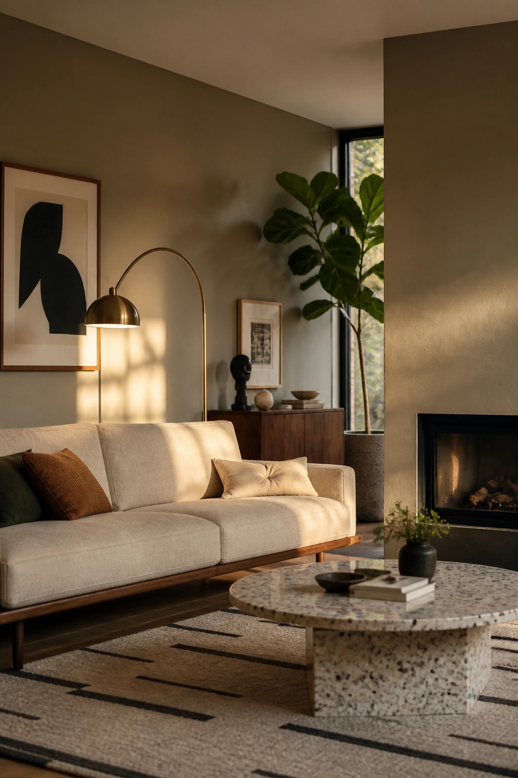 Modern living room with beige sofa, terrazzo coffee table, fireplace, and sunlight shadows.