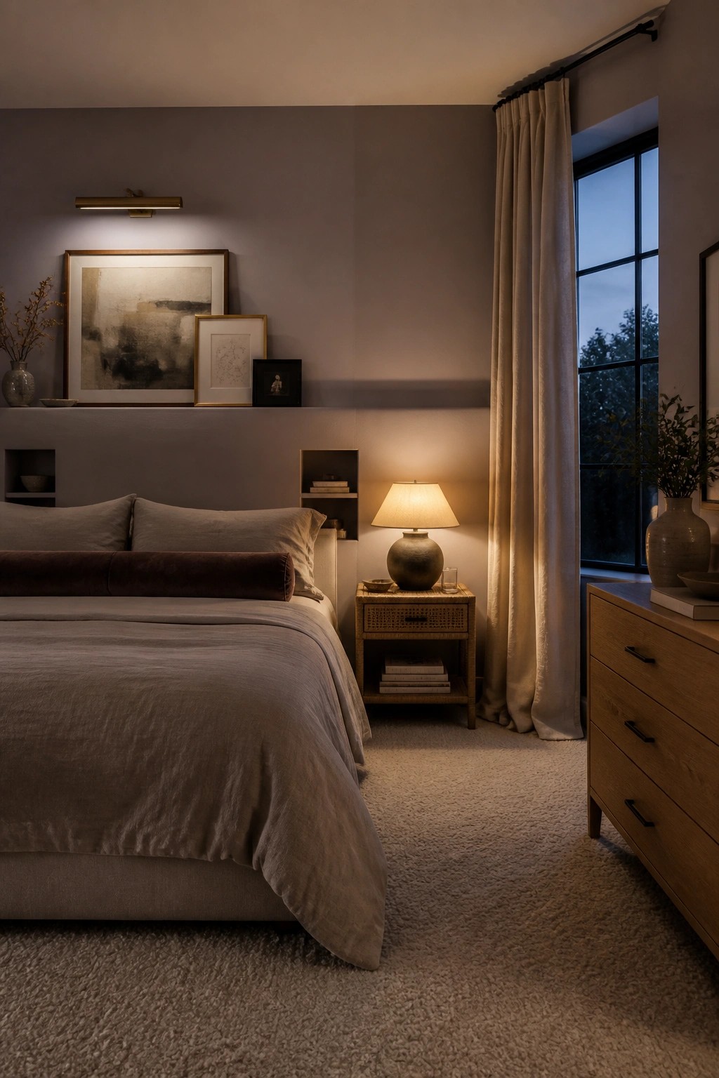 Bedroom walls painted in a soft warm greige.