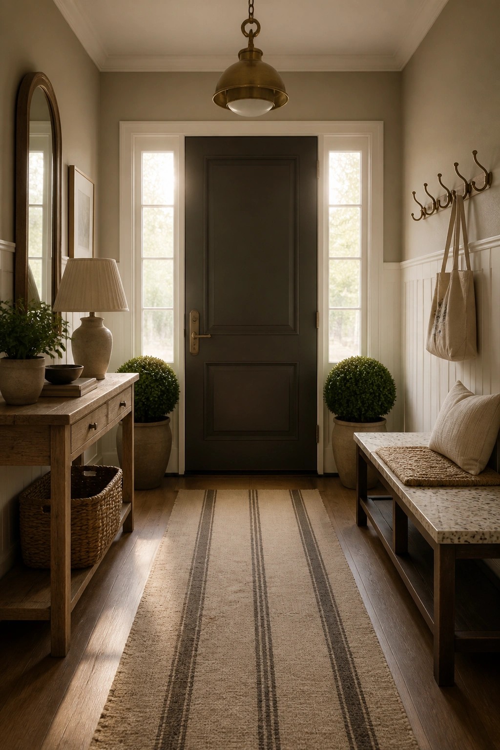 An entryway with soft greige walls and a dark front door.