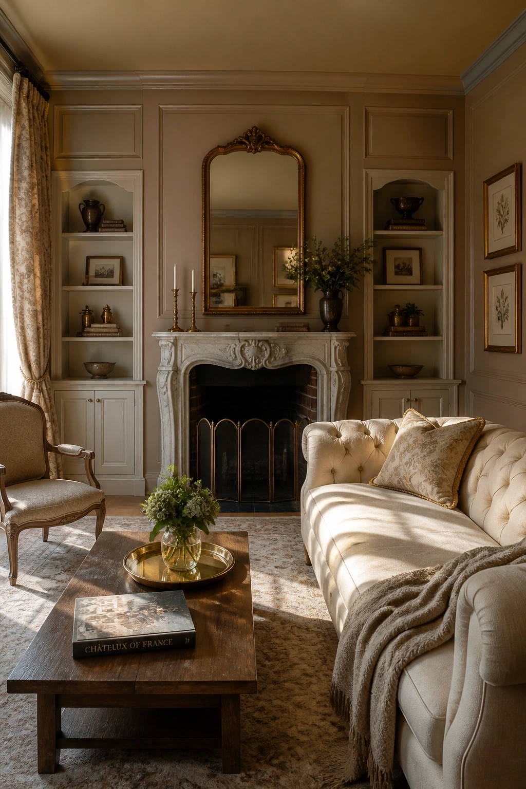 A living room with soft greige walls and built-in shelving around a marble fireplace.