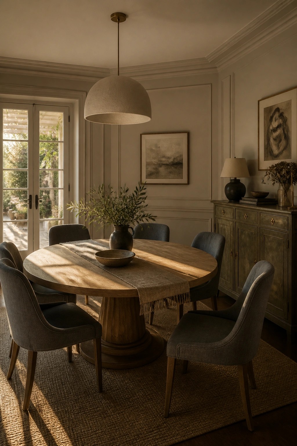 Dining room with soft greige walls and a round wooden table.