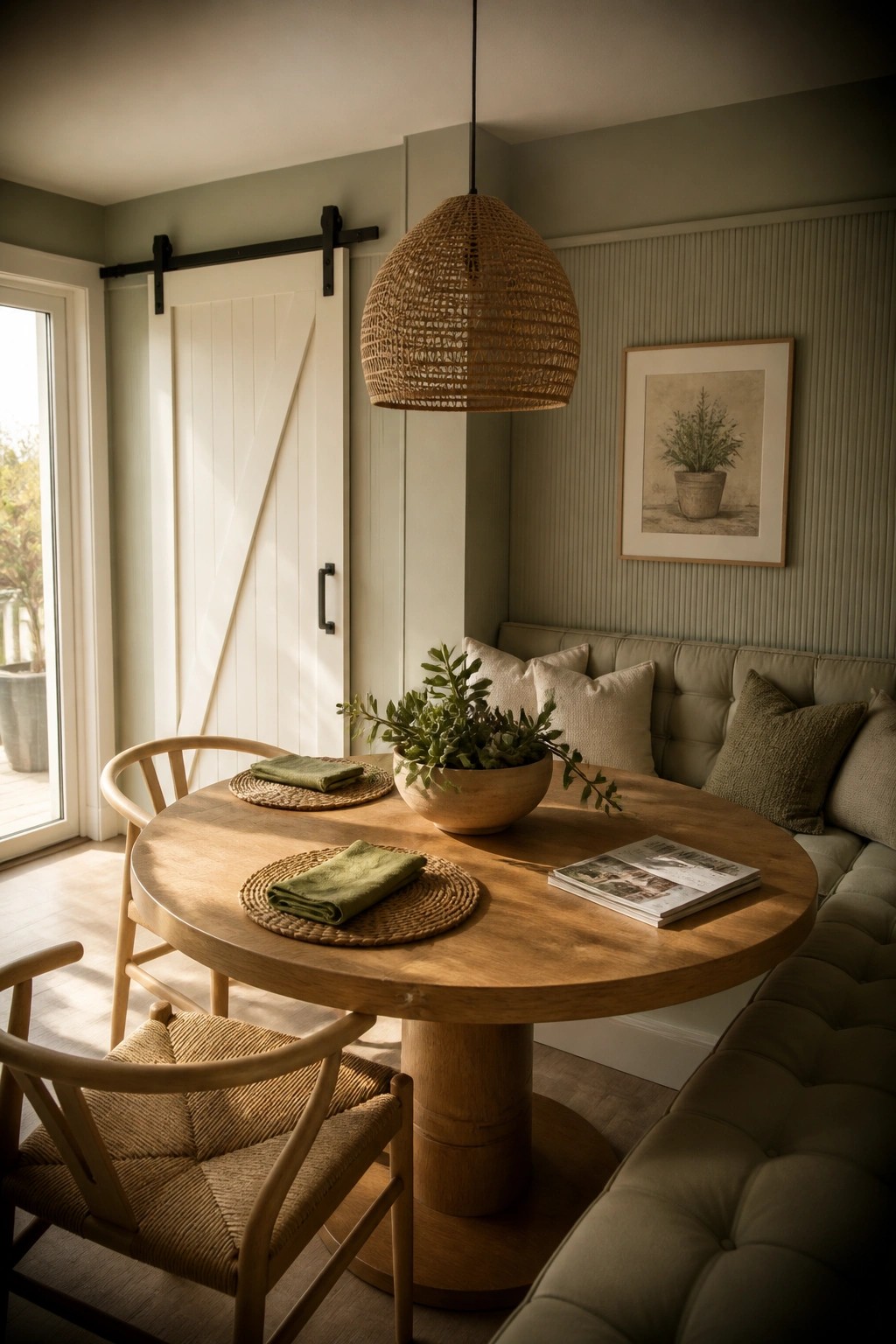 Dining area with walls painted in a soft sage green.