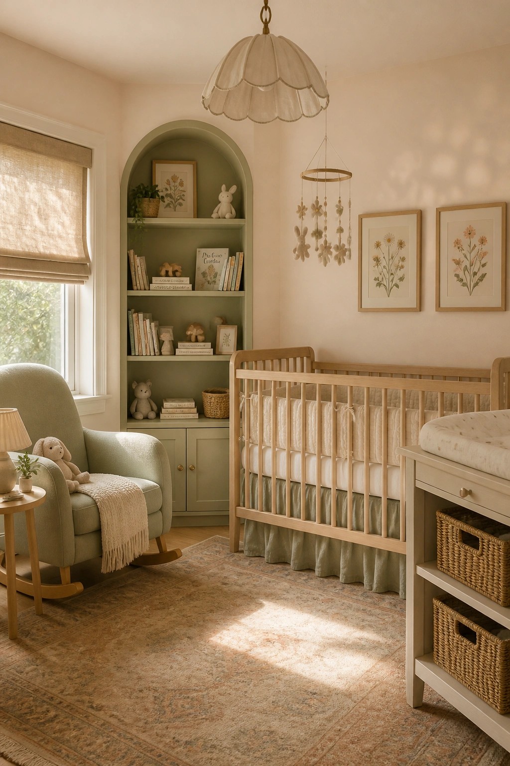 A nursery corner with soft sage green walls and built-in shelves.