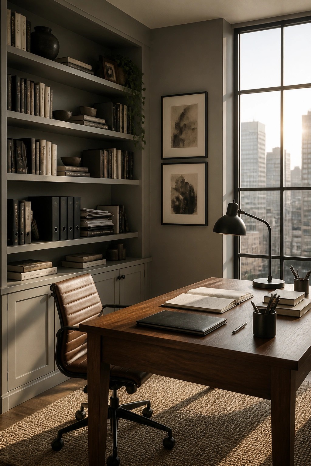 Home office with soft warm gray walls, built-in shelves, and a wooden desk.