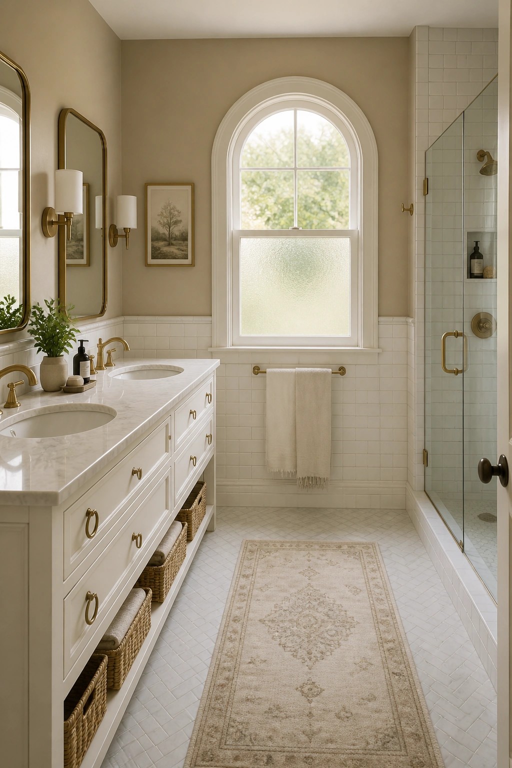 A bathroom featuring soft warm beige walls with white tile and marble surfaces.