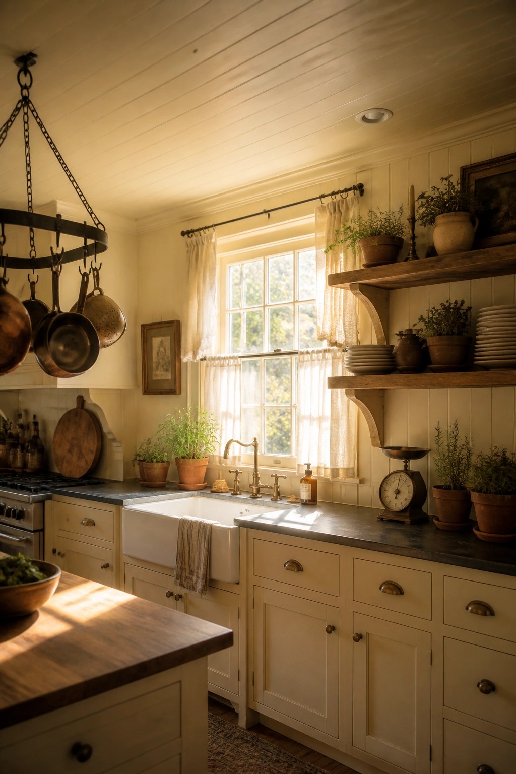 A kitchen with warm off-white cabinets and walls.
