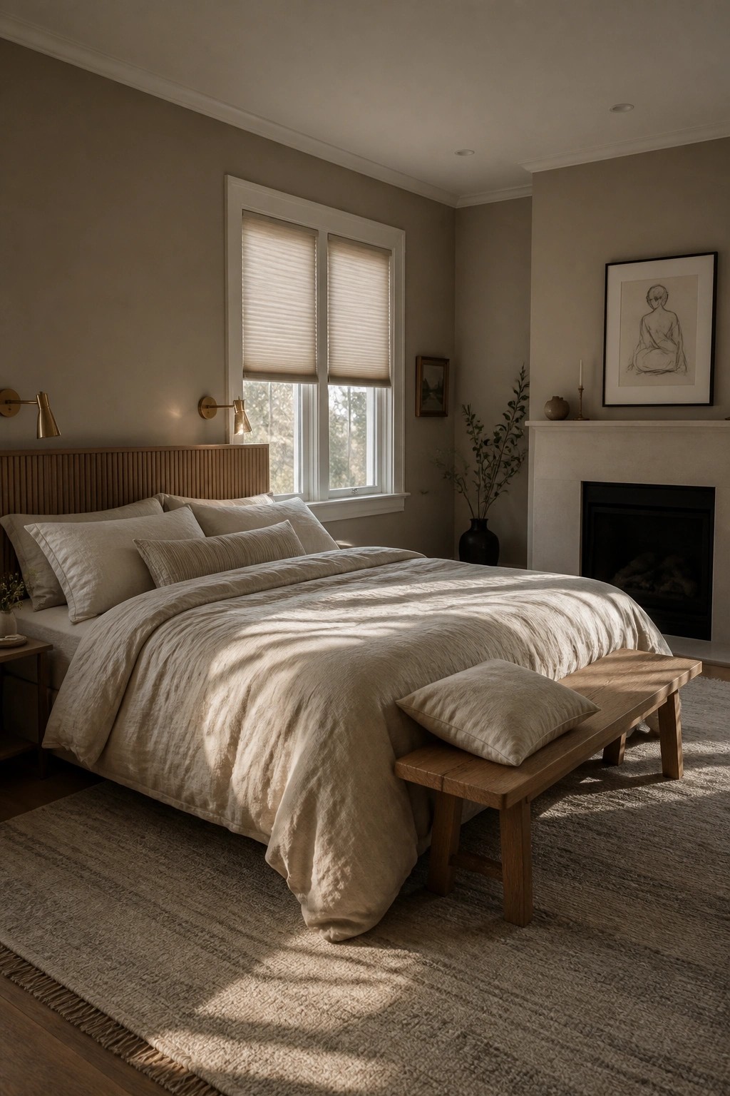 Neutral bedroom with rumpled beige bedding, wooden bench, fireplace, and sunlit rug