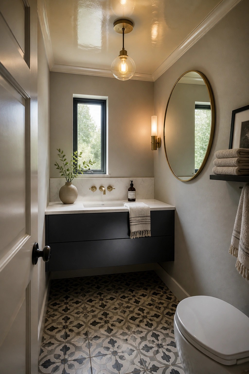 Bathroom walls painted in a soft warm greige.