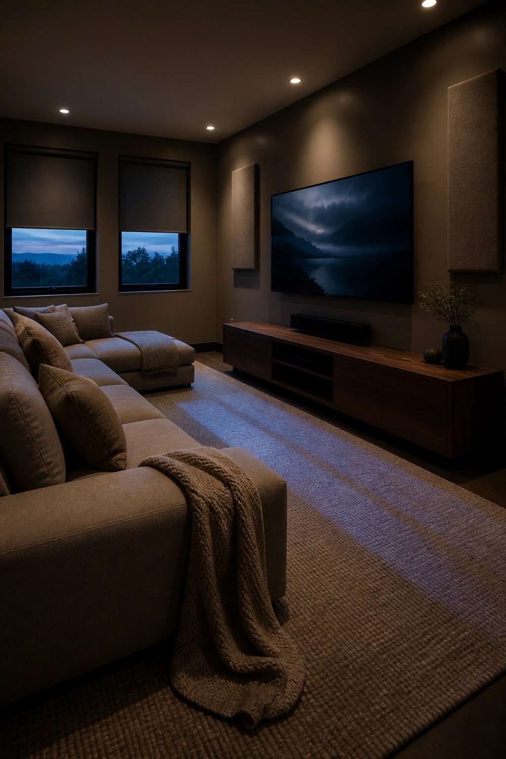 Modern living room with beige sectional sofa, wooden media console, large TV and rug.