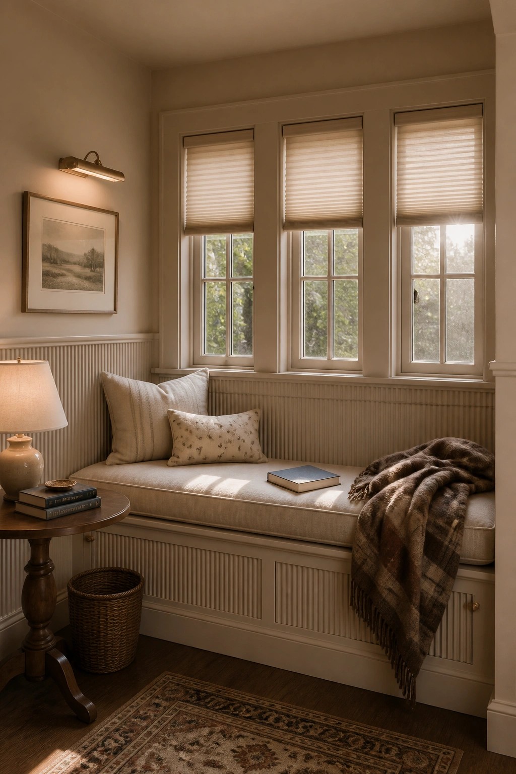 A window seat nook painted in a warm greige with white wainscoting and trim.