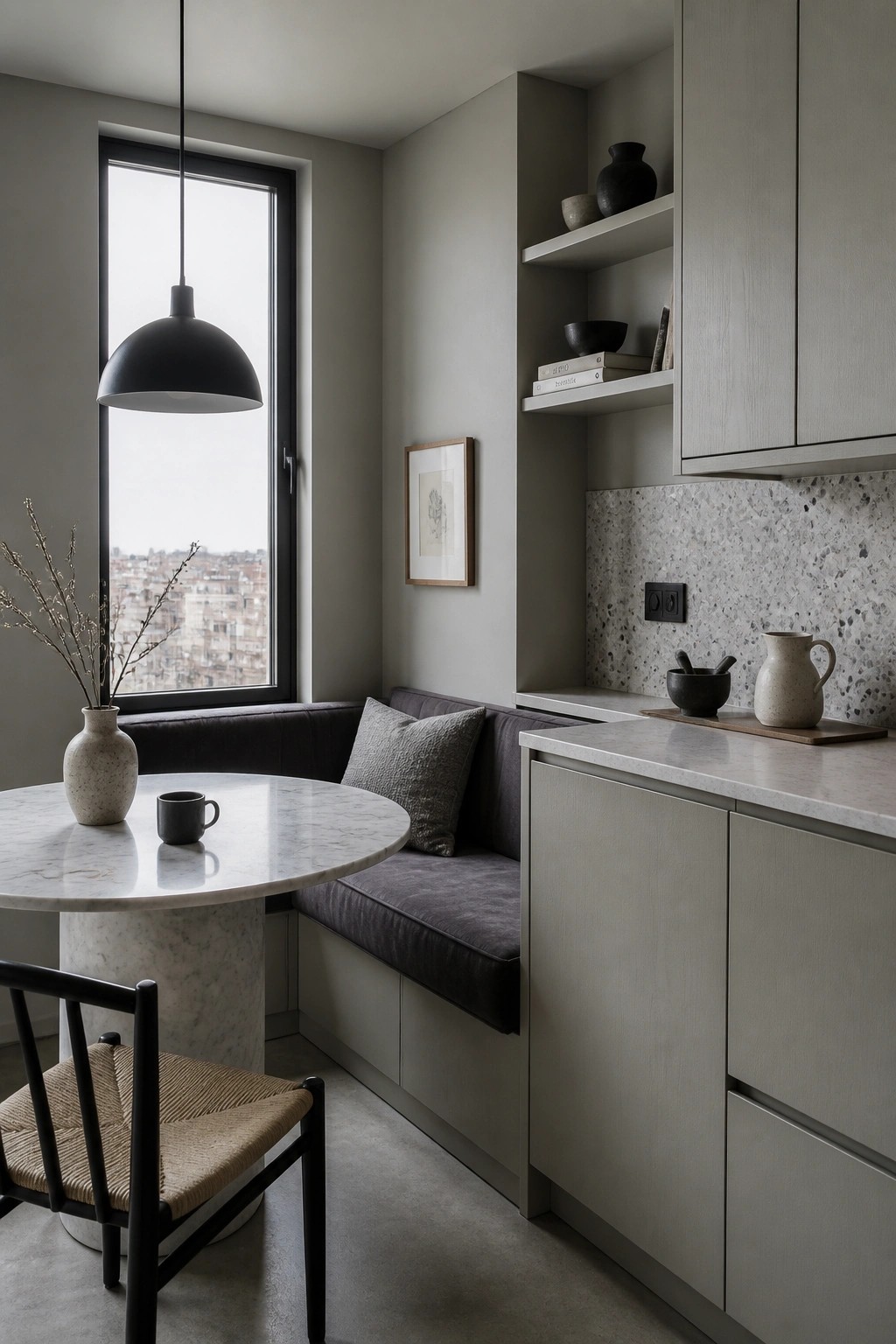 Light greige walls and cabinetry in a kitchen with a round marble table.