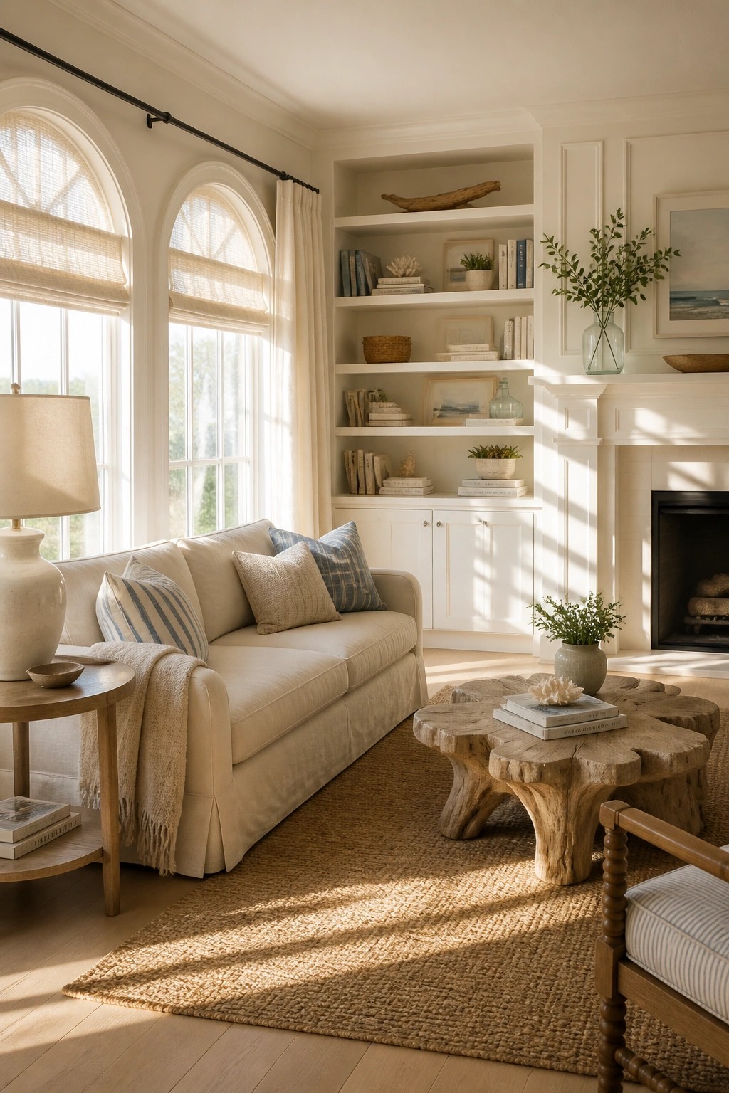 Sunlit living room with cream sofa, rustic wood table, built-in shelves, and fireplace