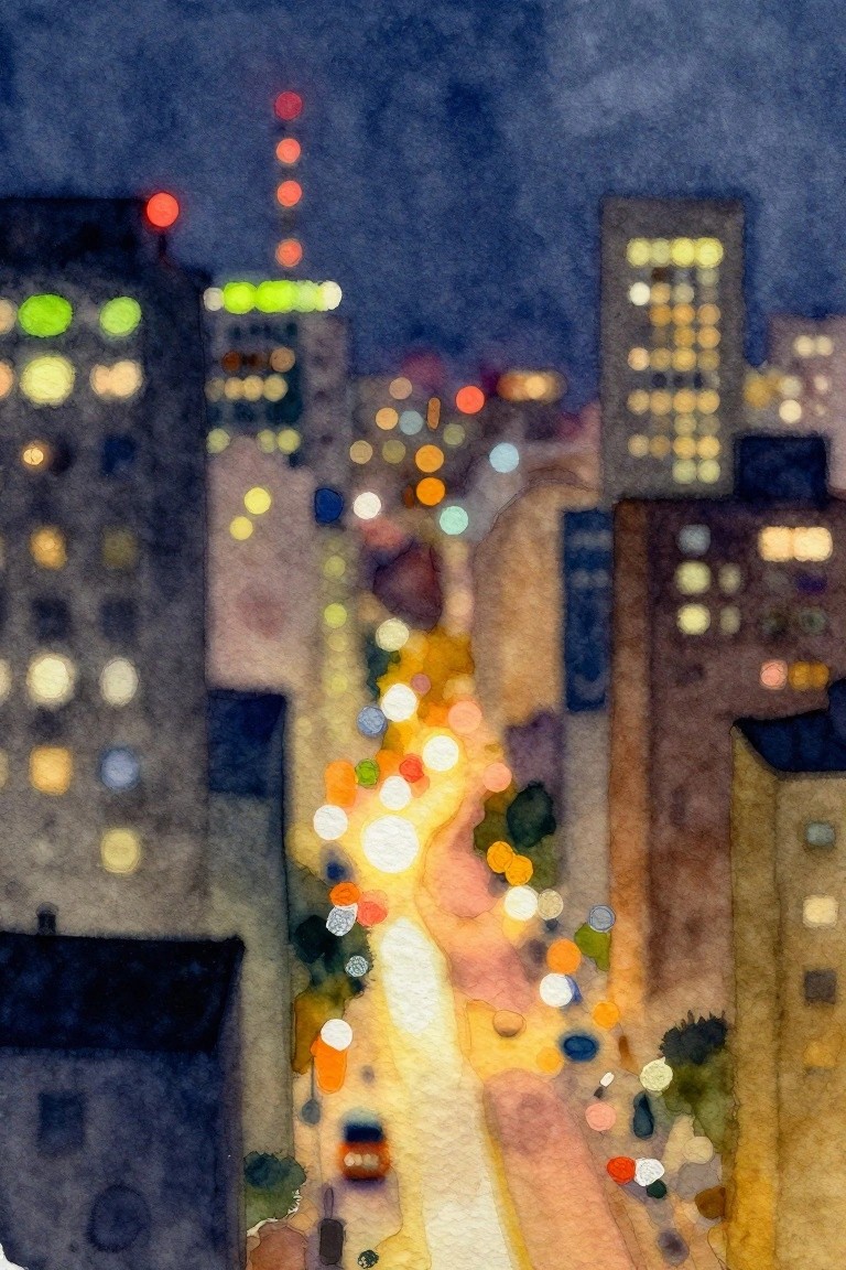 Watercolor night cityscape with glowing bokeh lights, winding streets, and illuminated skyscrapers.