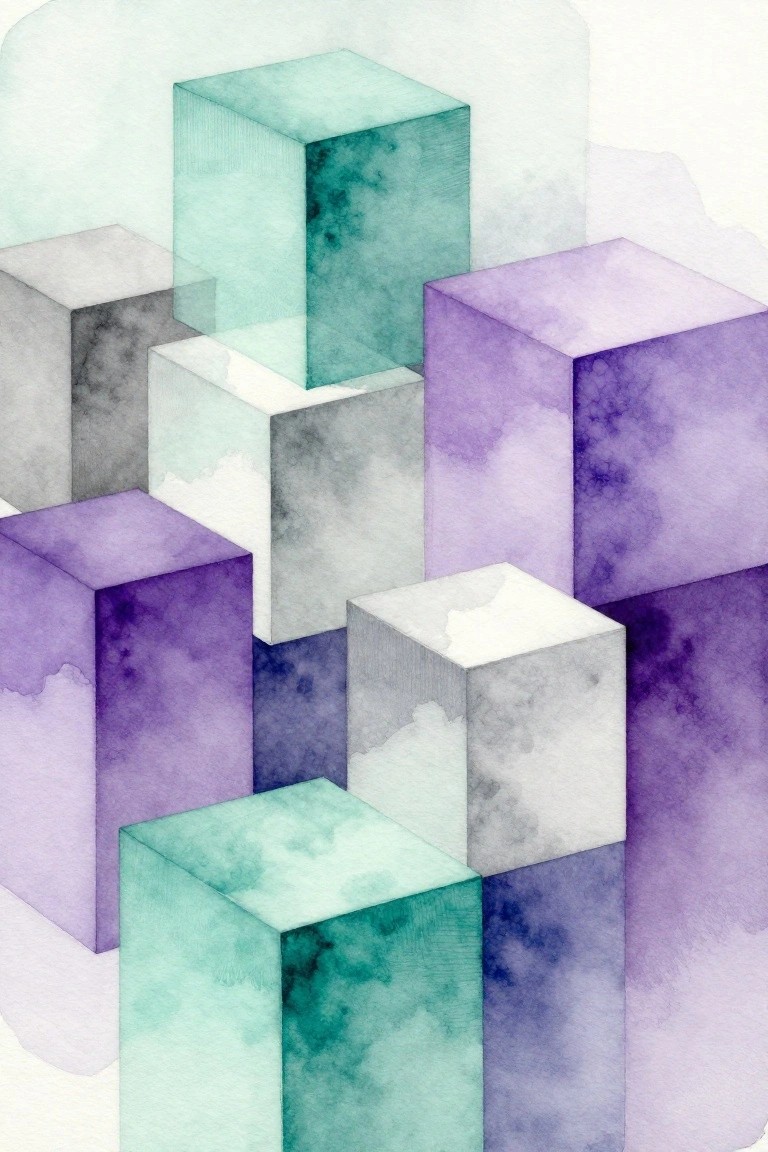 Abstract watercolor cubes in teal, purple, and gray geometric arrangement