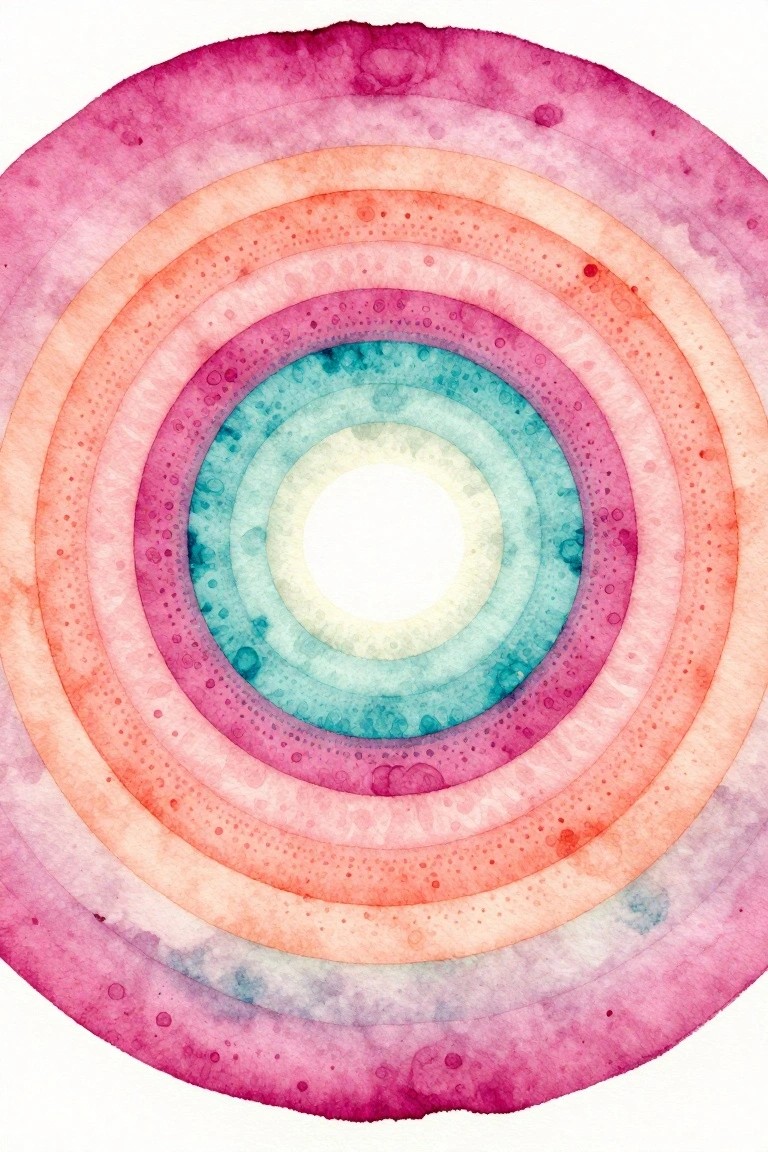 Watercolor concentric circles in pink, orange, teal, and white with splatter textures