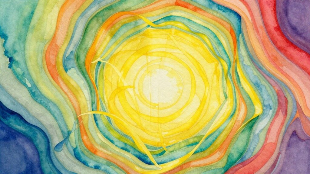 22 Vibrant Abstract Painting Ideas That Brighten Small Rooms Vibrant watercolor sunburst with colorful wavy rays radiating from a glowing center.