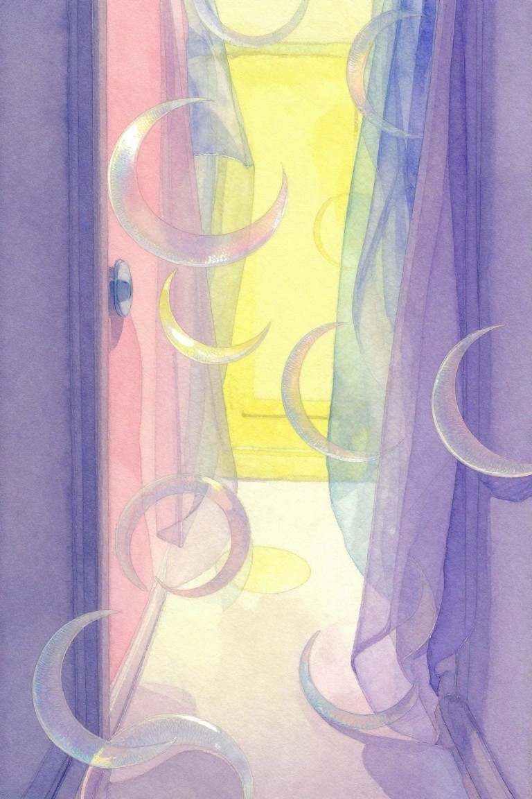 Pink doorway with flowing rainbow curtains and floating crescent moons.