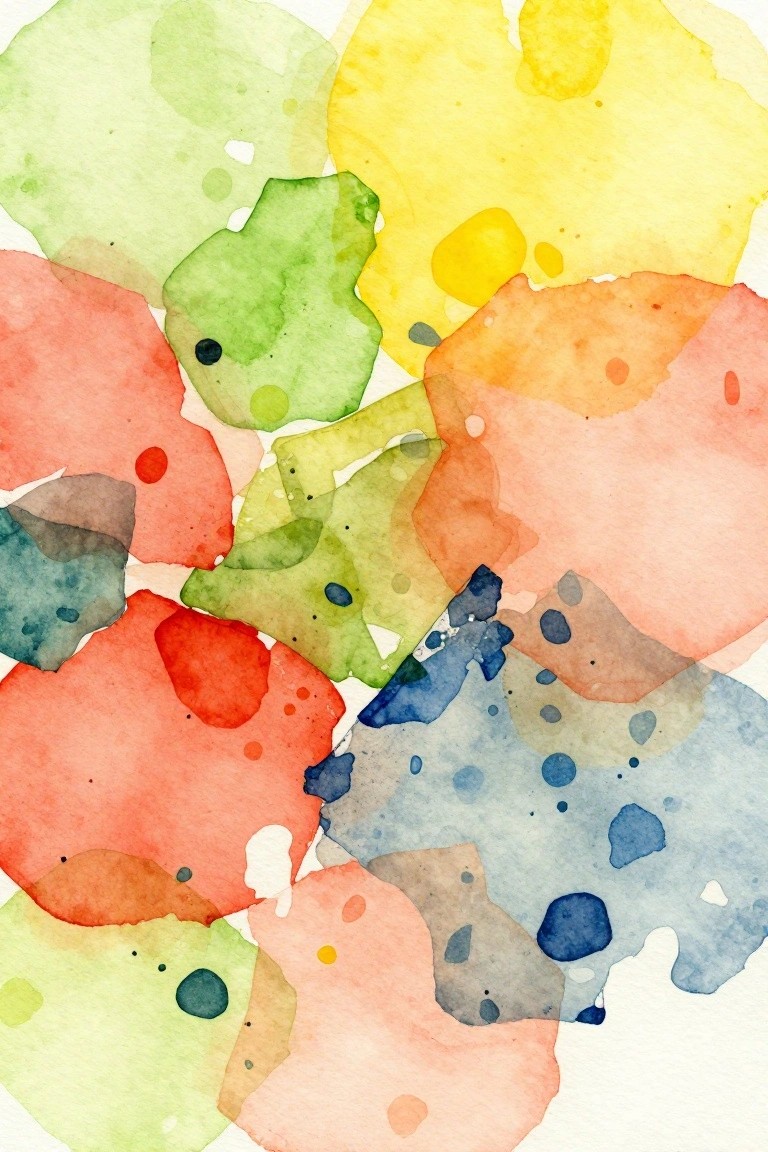 Abstract watercolor painting with overlapping vibrant colorful shapes and splatters