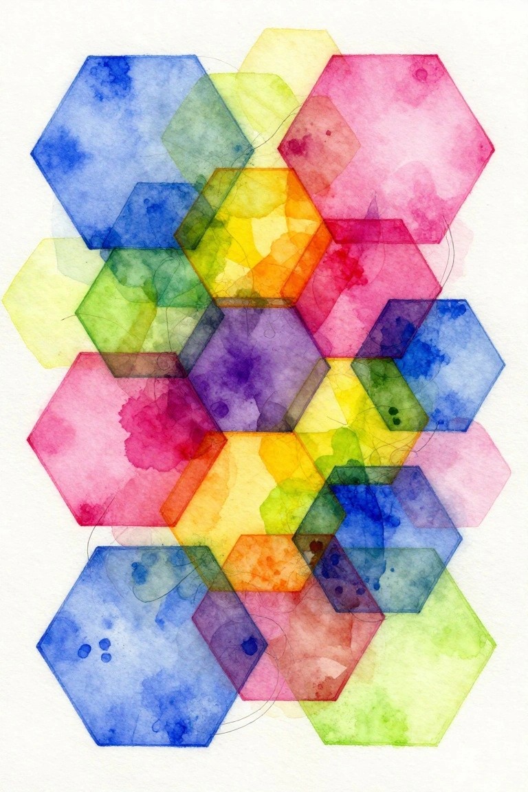 Overlapping translucent watercolor hexagons in vibrant rainbow colors and abstract patterns