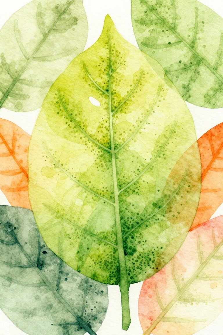 Watercolor leaves in green, yellow, and orange overlapping with visible veins and speckles.