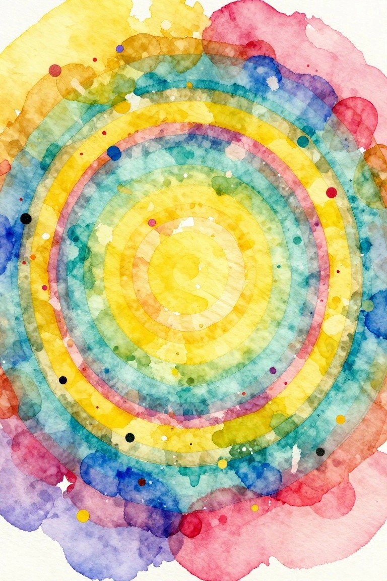 Vibrant watercolor concentric circles in rainbow hues with scattered paint splatters