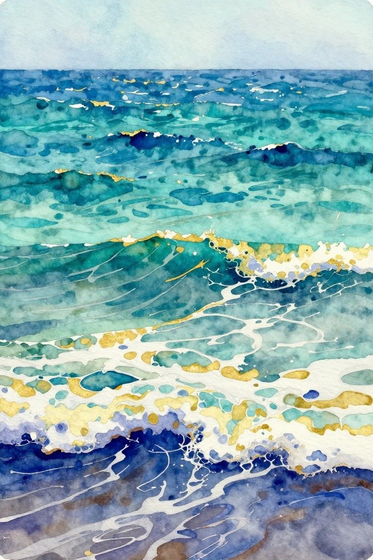 Watercolor painting of turquoise ocean waves with white foam and golden highlights