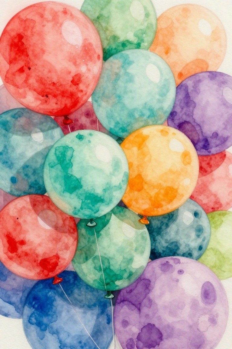 Vibrant watercolor balloons clustered together in red, blue, green, orange, and purple hues