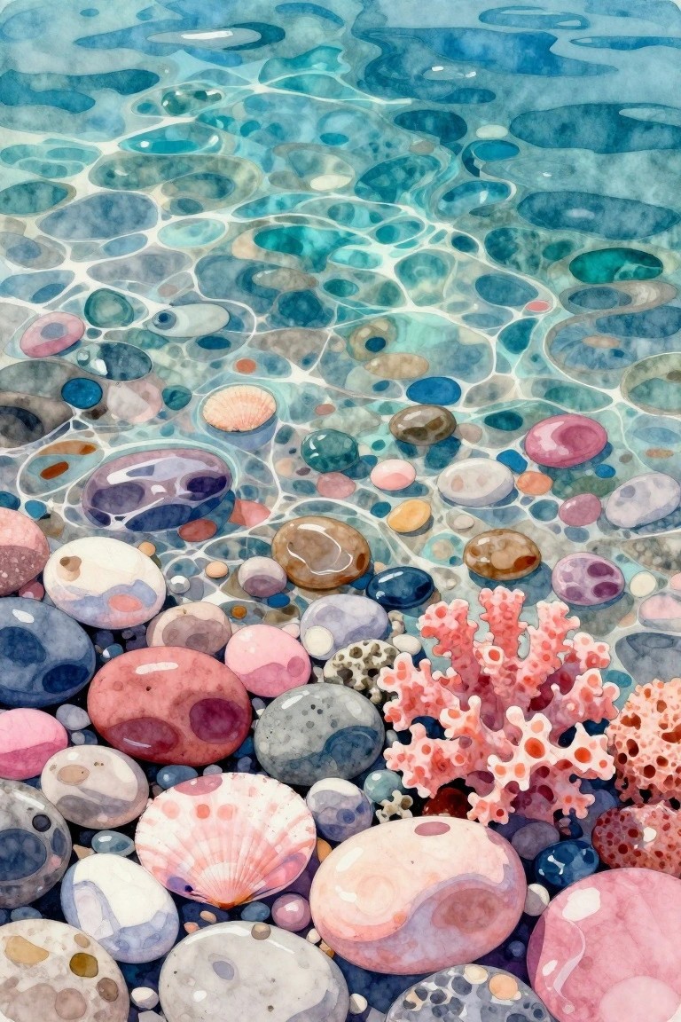 Colorful pebbles, seashells, and pink coral beneath clear blue rippling water in watercolor.