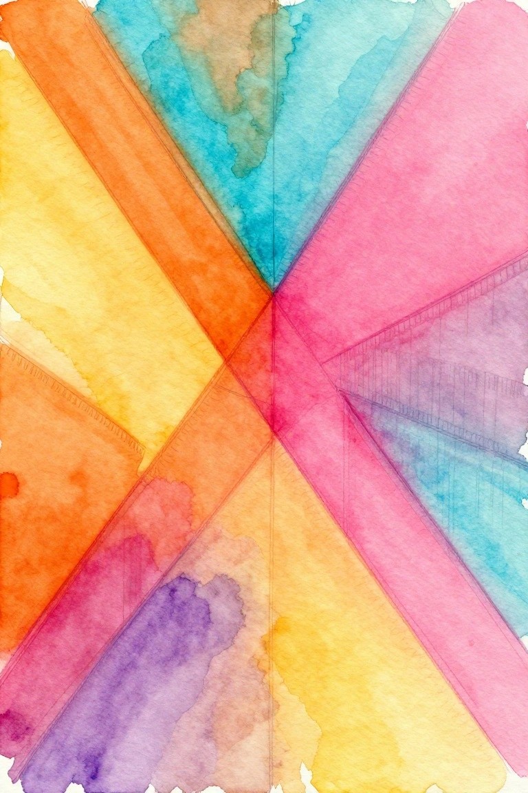Vibrant watercolor radial pattern with overlapping translucent rainbow hues and pencil lines.