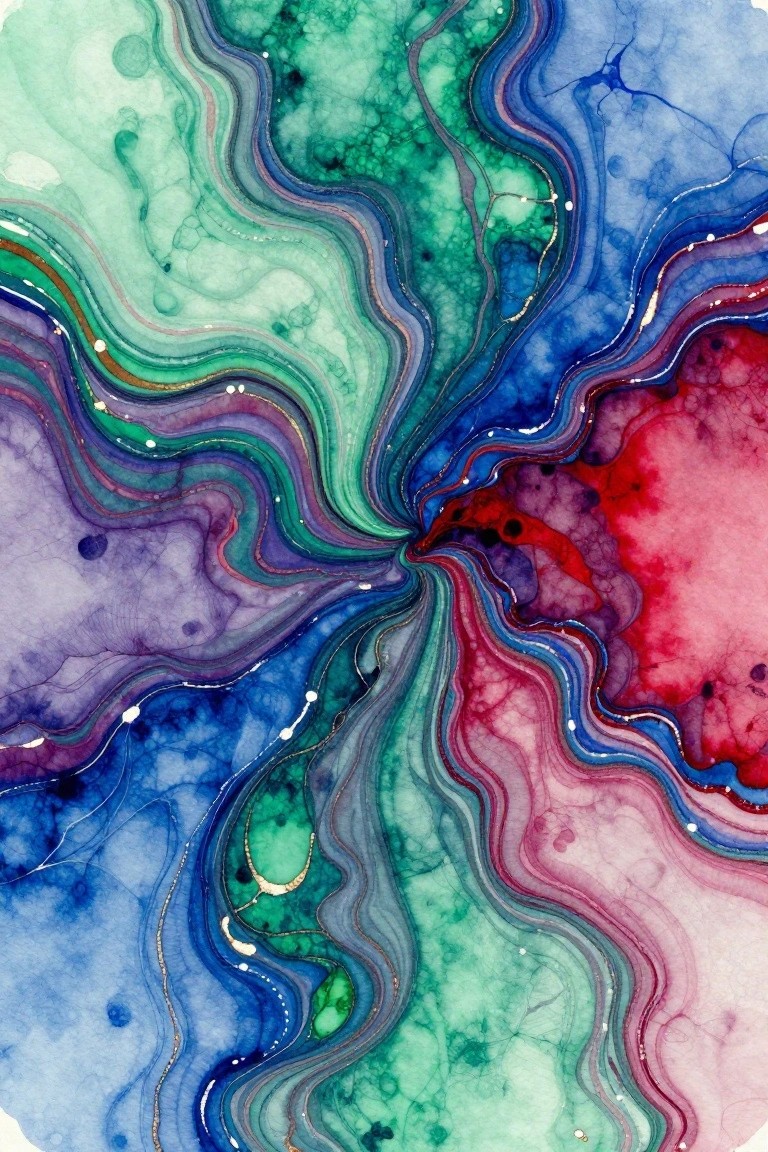 Vibrant fluid art swirls in blue green purple red with gold metallic accents