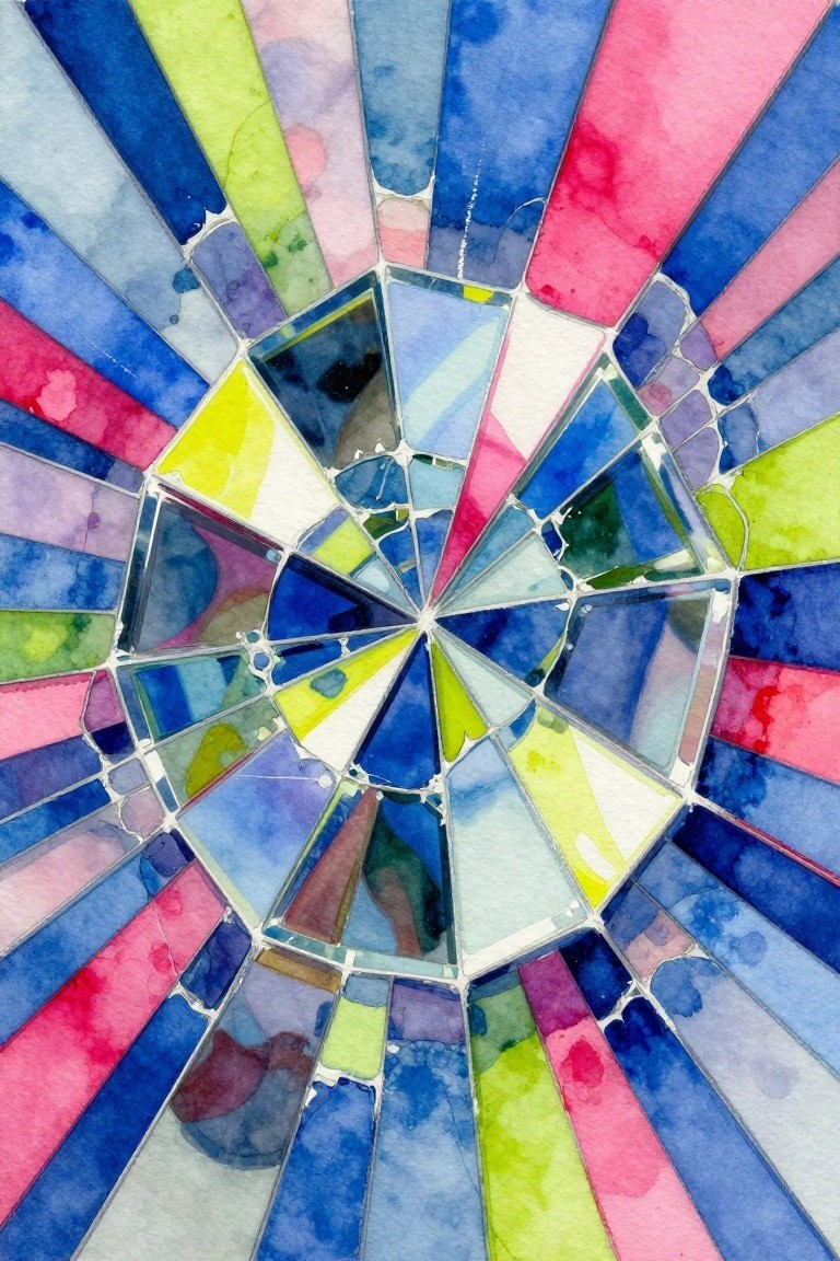 Vibrant watercolor stained glass mosaic with radiating geometric patterns in vivid hues