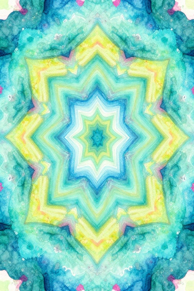 Vibrant watercolor mandala with layered concentric stars in blue, green, and yellow.