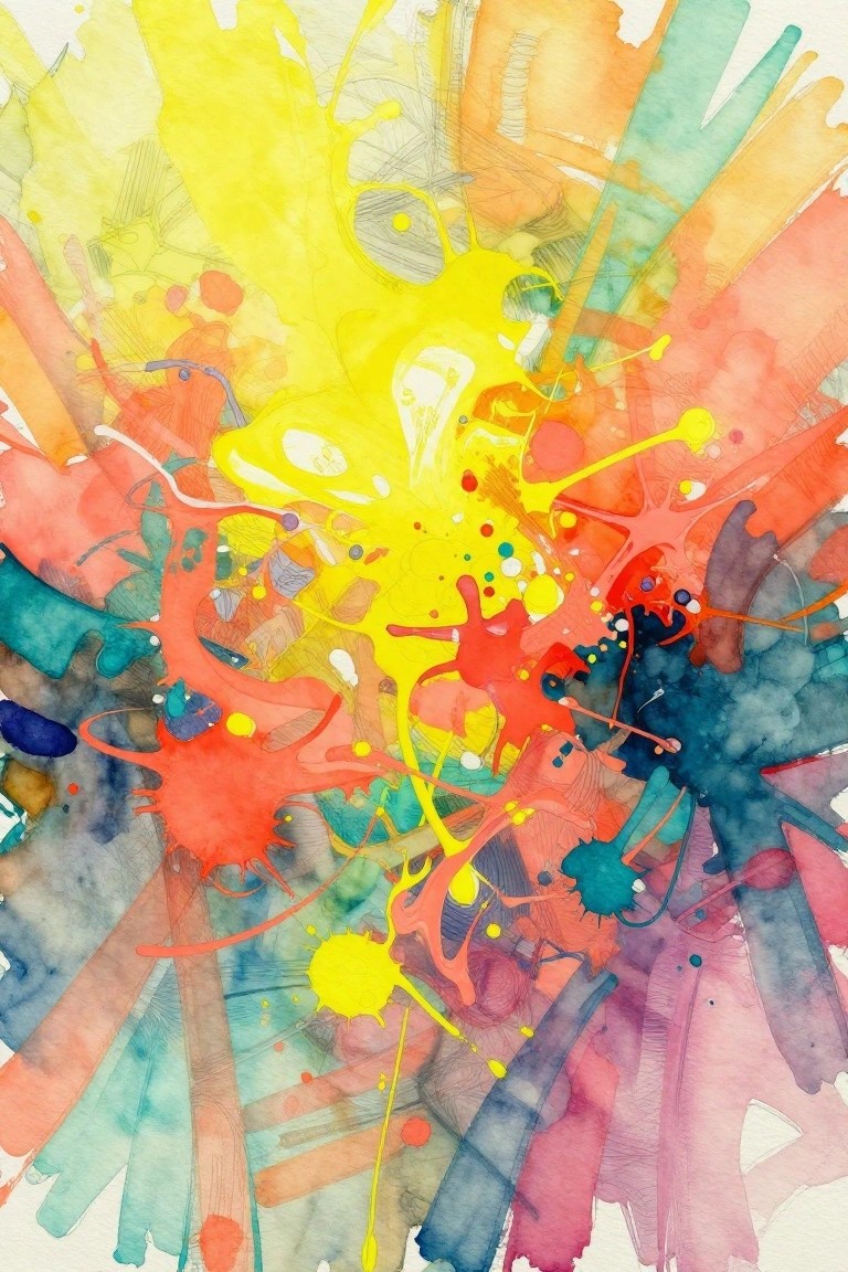 Explosive burst of vibrant watercolor splatters in yellow, red, orange, and teal.