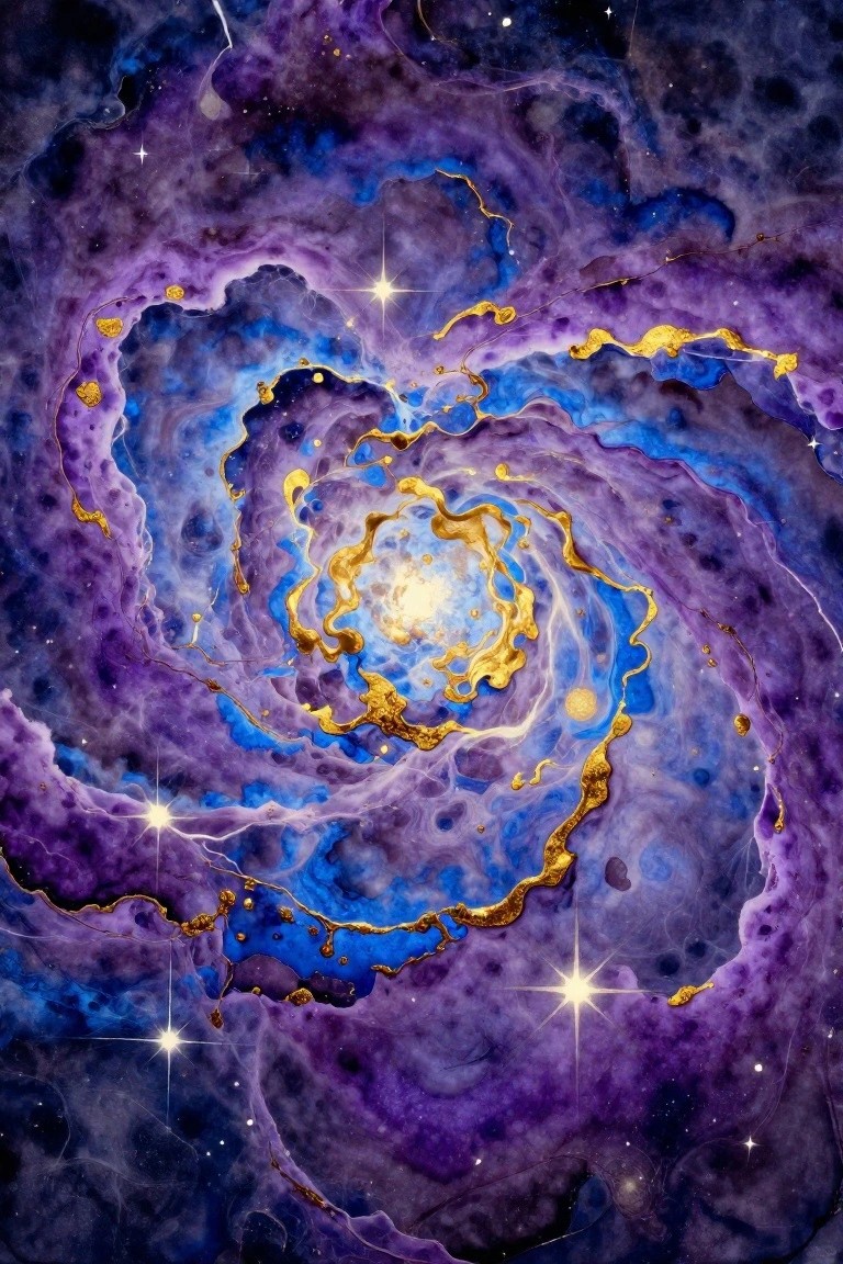 Swirling purple blue cosmic nebula with golden accents and glowing center