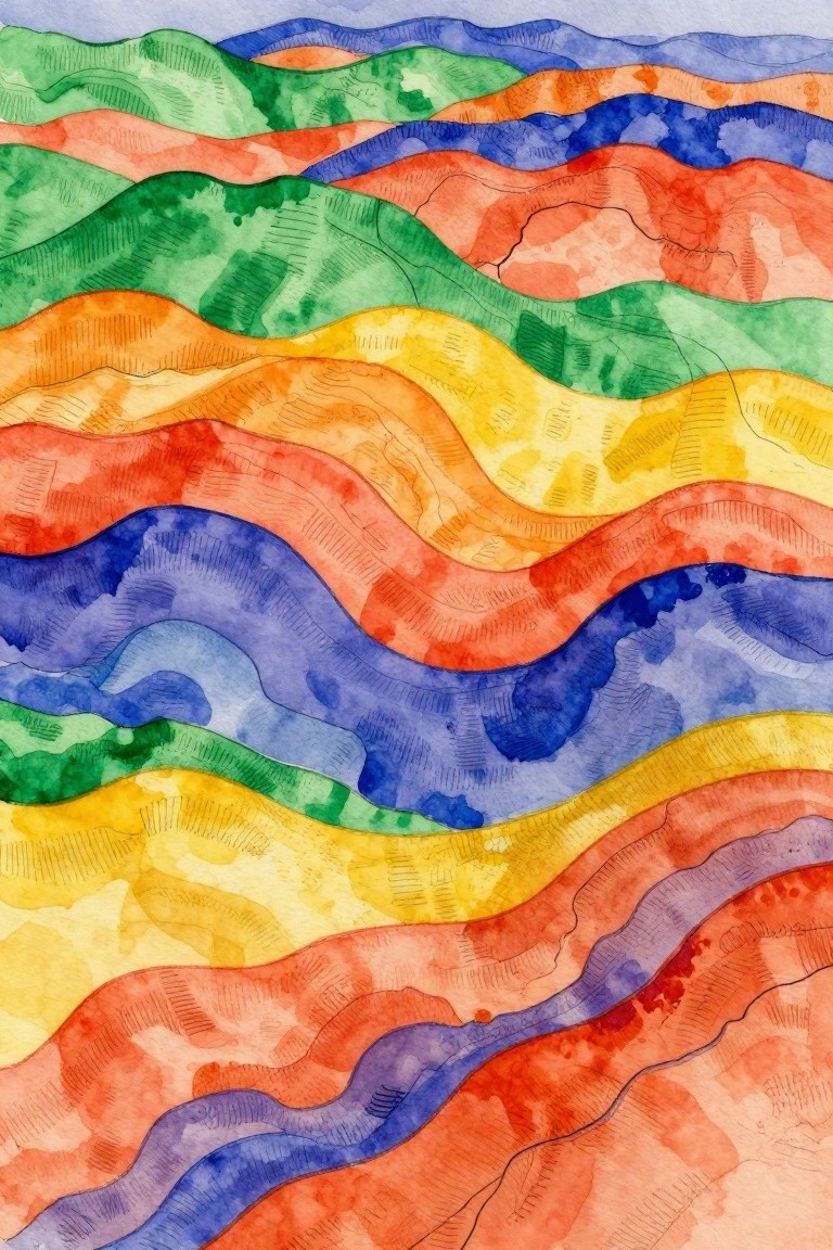 Colorful abstract watercolor of undulating layered waves in rainbow hues.
